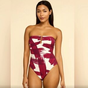 Women's Strapless One Piece Swimsuit - maroon and White